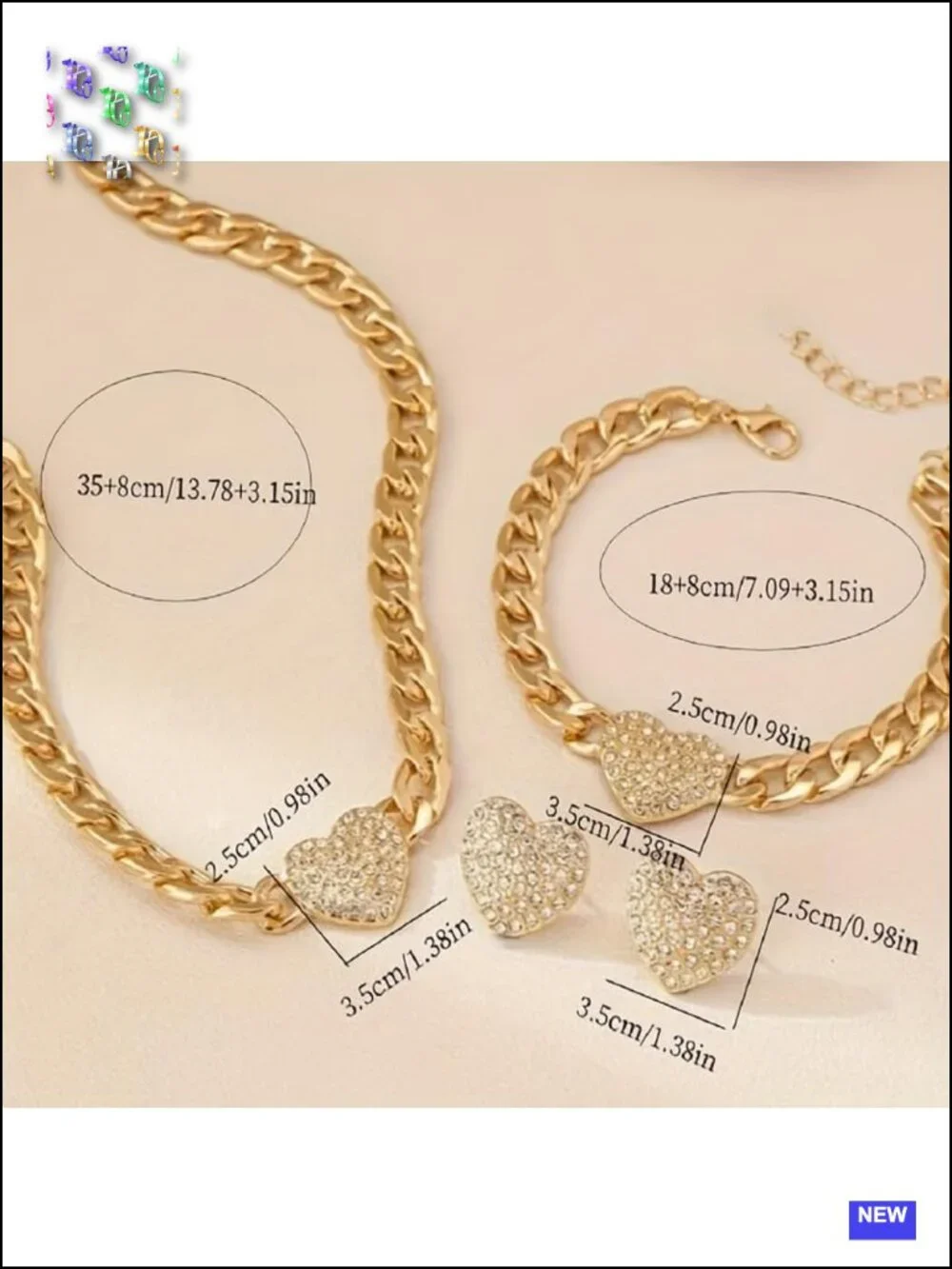 3-Piece Gold Tone Cuban Link Heart Jewelry Set with Necklace, Bracelet, Earrings